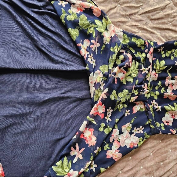 JH Jessica Howard Navy Floral Sleeveless Fit & Flare Pleated Neckline Fully Line - Picture 2 of 10